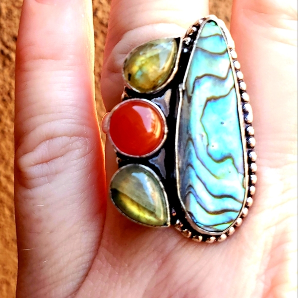 New Abalone Shell, Carnelian and Labradorite 925 Silver Ring. - Picture 1 of 16